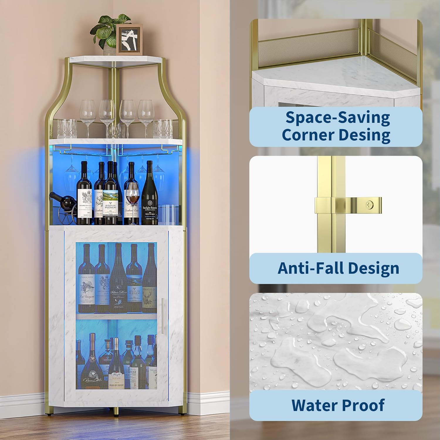 IDEALHOUSE Corner Bar Wine Cabinet with LED Lights & Glass Holder Wine Bar Rack Cabinet with Mesh Door & Glass Holder,Industrial Liquor Cabinet for Home, Kitchen, Dinning Room,Gold