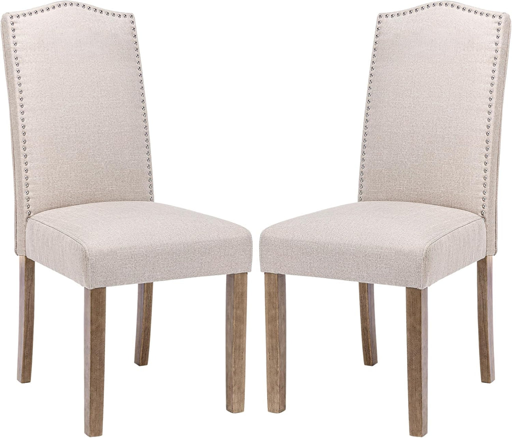 Upholstered Dining Chair Modern Stylish Parsons Kitchen Diner High Back with Silver Nailhead Trim & Wood Legs, Set of 2