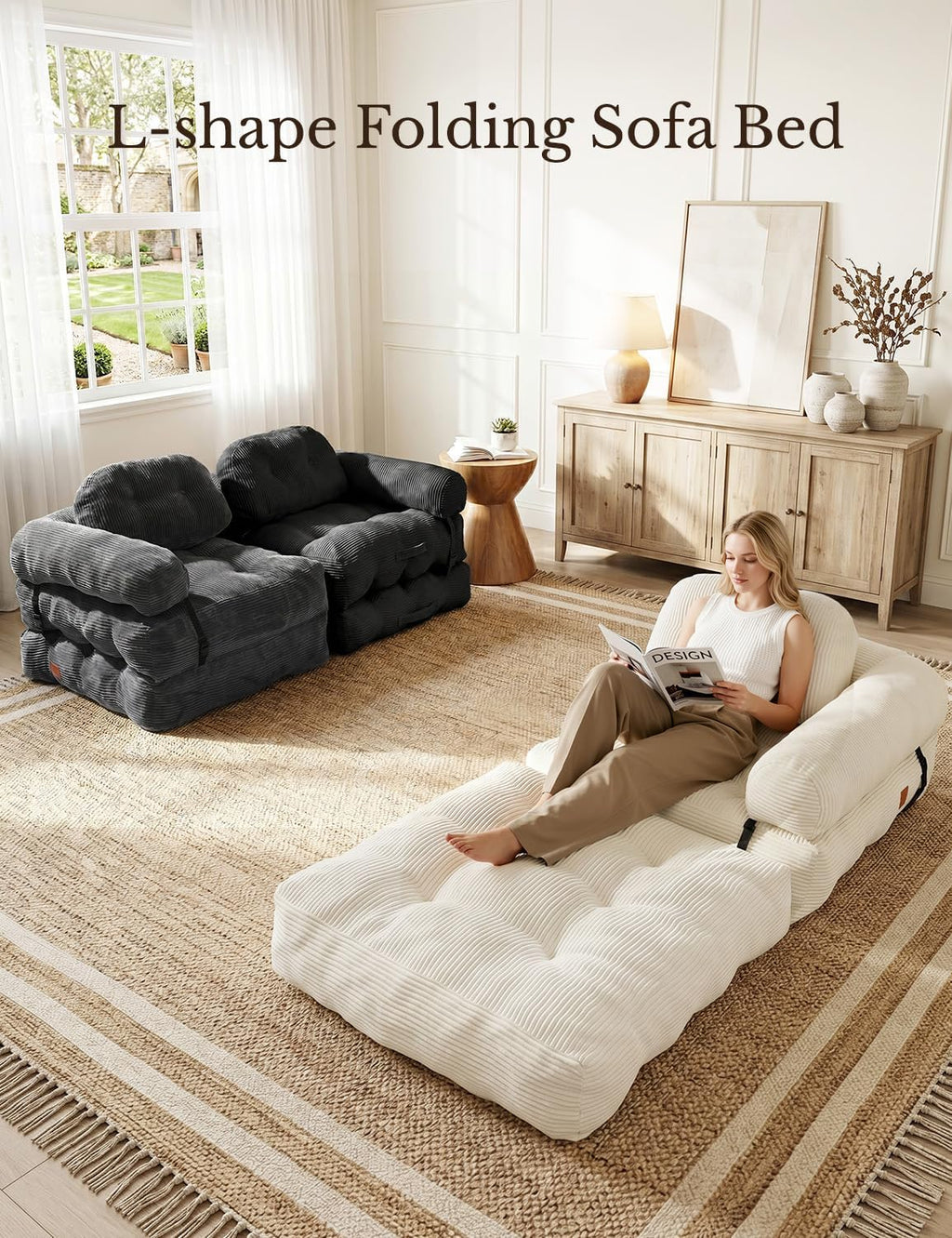 Folding Sofa Bed, L-Shaped Couch Back Support and Arm Pillow Futon, Convertible Sofa Bed for Living Room/Guest Use/Home Office, Boneless Foldable Couch for Adults, Dark Gray