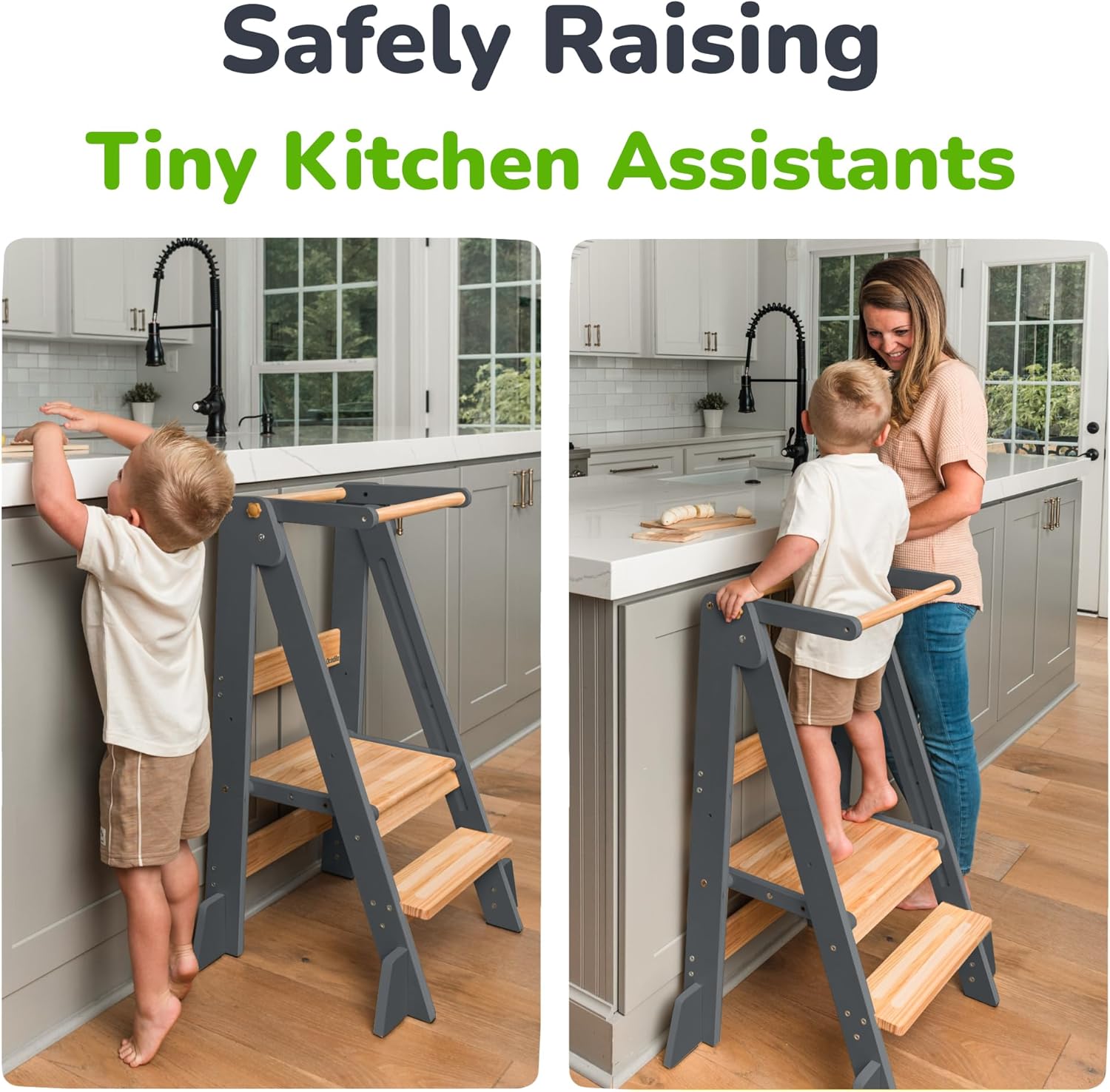 OCODILE Adjustable Foldable Toddler Tower – Folding Tower for Kids | Montessori Toddler Kitchen Step Stool Helper for Independence - Gray