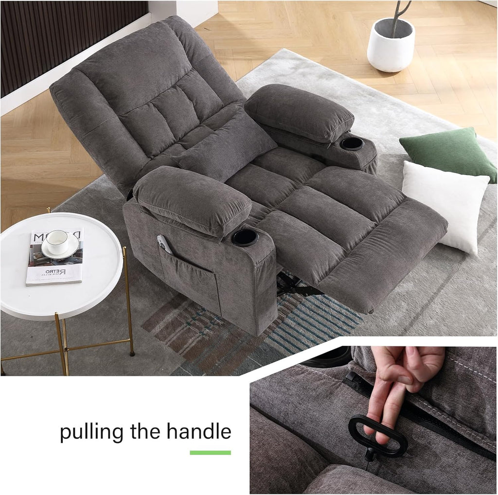 BOSMILLER 360° Swivel Rocker Recliner Chair for Adults,Oversized Recliner Chair with Massage and Heating, Manual Nursery Glider Recliner with Cup Holder and Side Pocket for Living Room, Bedroom,Grey