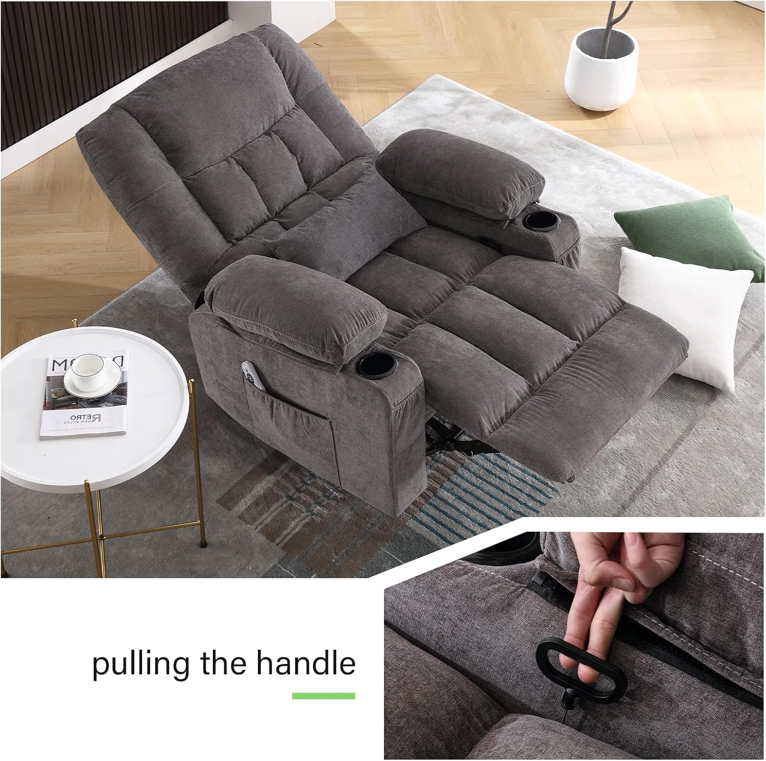 BOSMILLER 360° Swivel Rocker Recliner Chair for Adults,Oversized Recliner Chair with Massage and Heating, Manual Nursery Glider Recliner with Cup Holder and Side Pocket for Living Room, Bedroom,Grey