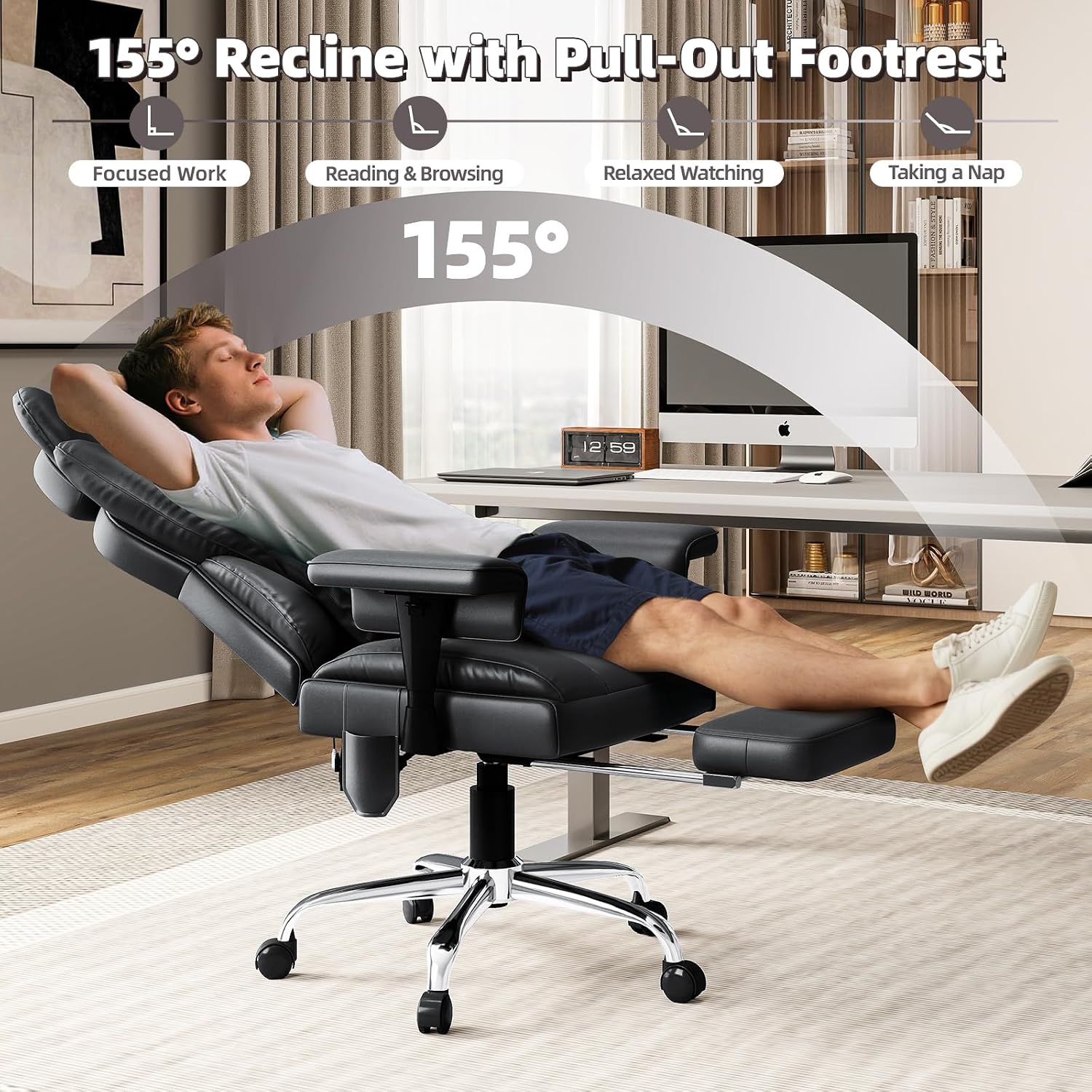 6 Points Massage Office Chair with Foot Rest - 400LBS Executive Office Chair with Adjustable Headrest, Armrest and Lumbar Pillow, Comfortable Leather Desk Chair for Home Office, Black
