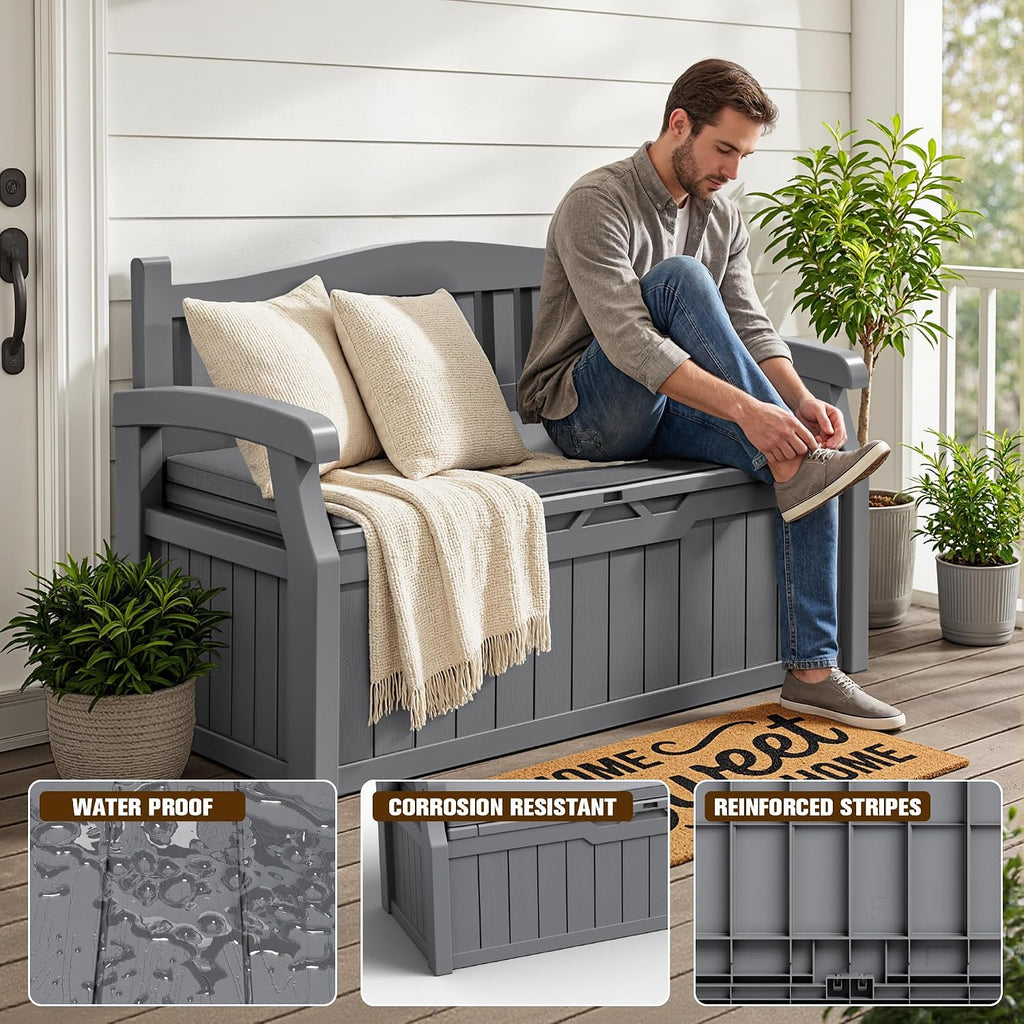 JUMMICO 80 Gallon Resin Outdoor Storage Bench with Cushion, Large Deck Box with Armrest, Lockable&Waterproof for Garden, Home, Patio, Pools (Grey, 80 Gallon)