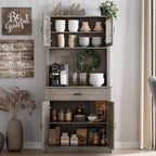 GarveeHome Kitchen Pantry Cabinet, 71 in Tall Kitchen Hutch Storage Pantry with Microwave Stand, Freestanding Buffet with Shelves and Glass Doors for Home Dining Room, Grey