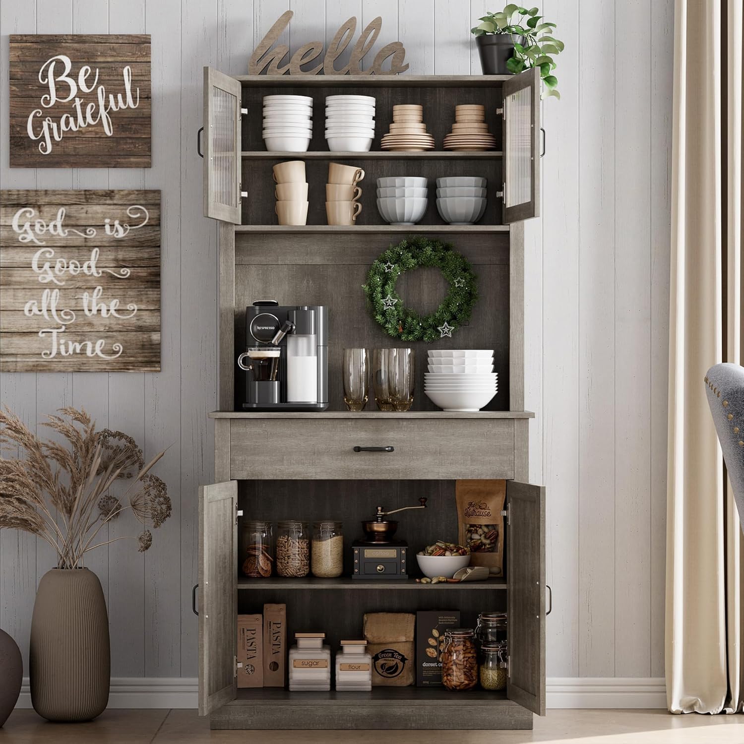 GarveeHome Kitchen Pantry Cabinet, 71 in Tall Kitchen Hutch Storage Pantry with Microwave Stand, Freestanding Buffet with Shelves and Glass Doors for Home Dining Room, Grey