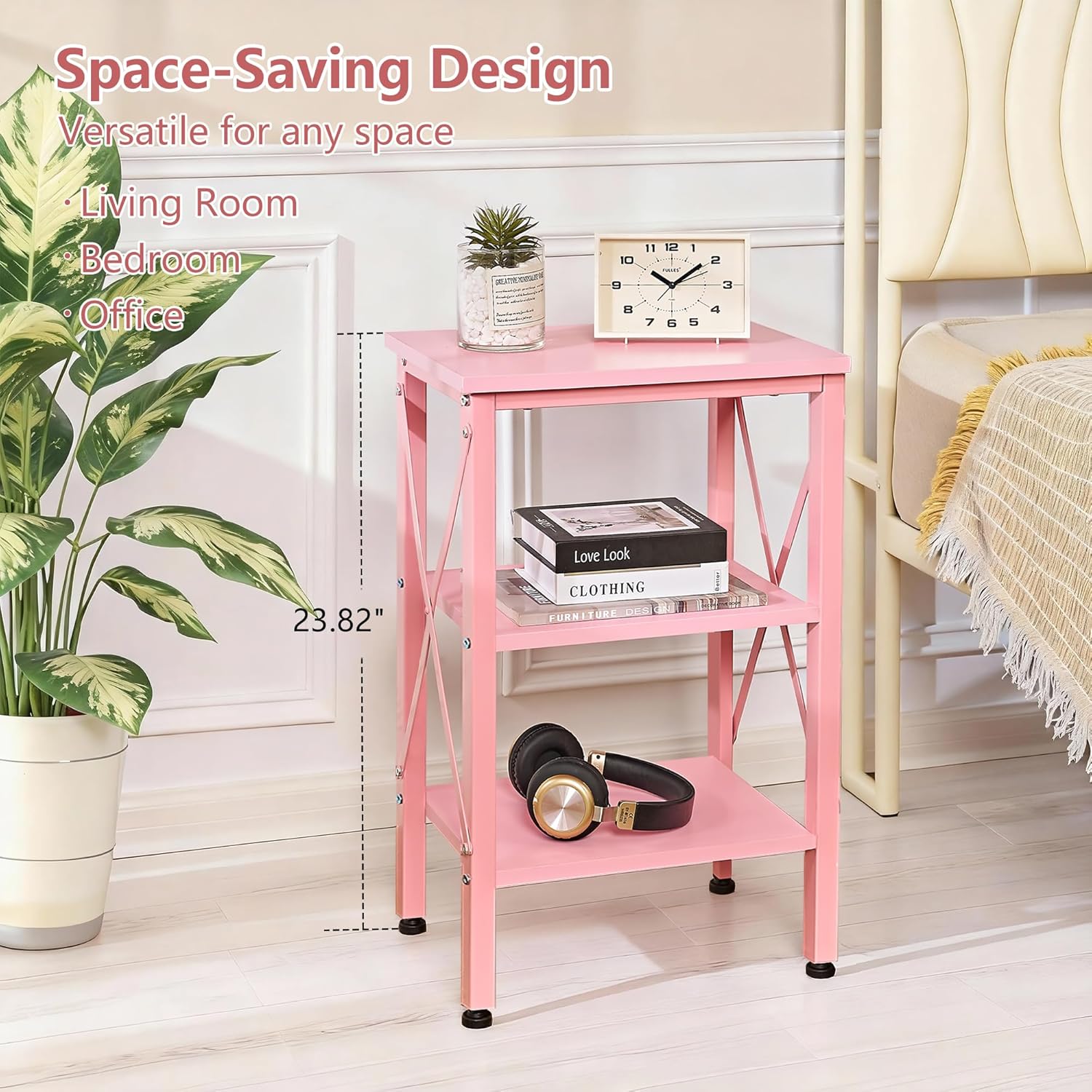 VECELO End Table, 24" Tall Living Room Side Tables, X-Design Reinforced Bedside Table, Nightstands with 3-Tier Storage Shelves for Small Spaces, Office, Bathroom, Bedroom, Pink, 1 Pack