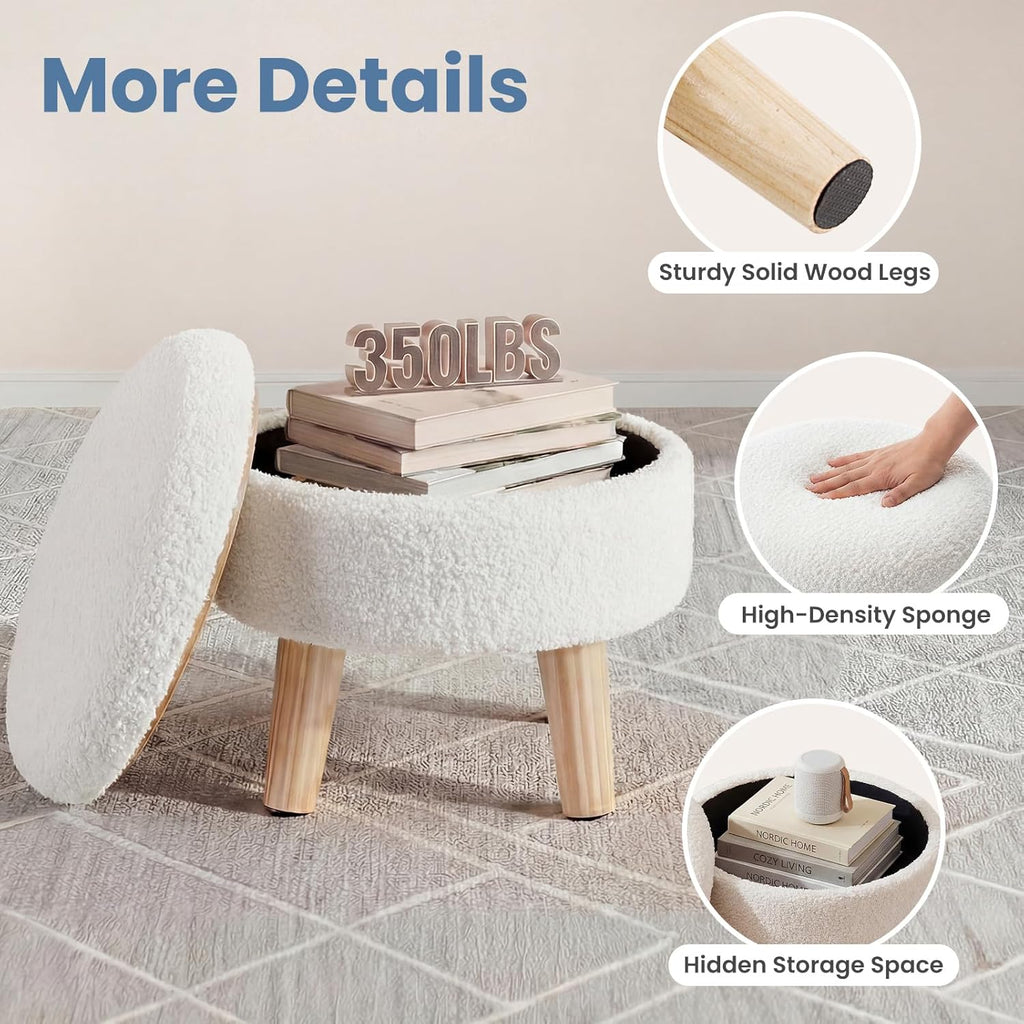 DUMOS Round Storage Ottoman with Reversible Tray Lid, Multi-Functional Footrest, Teddy Velvet Footstool with Wood Legs, Small Coffee Table for Living Room, Bedroom, Beige