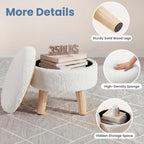 DUMOS Round Storage Ottoman with Reversible Tray Lid, Multi-Functional Footrest, Teddy Velvet Footstool with Wood Legs, Small Coffee Table for Living Room, Bedroom, Beige