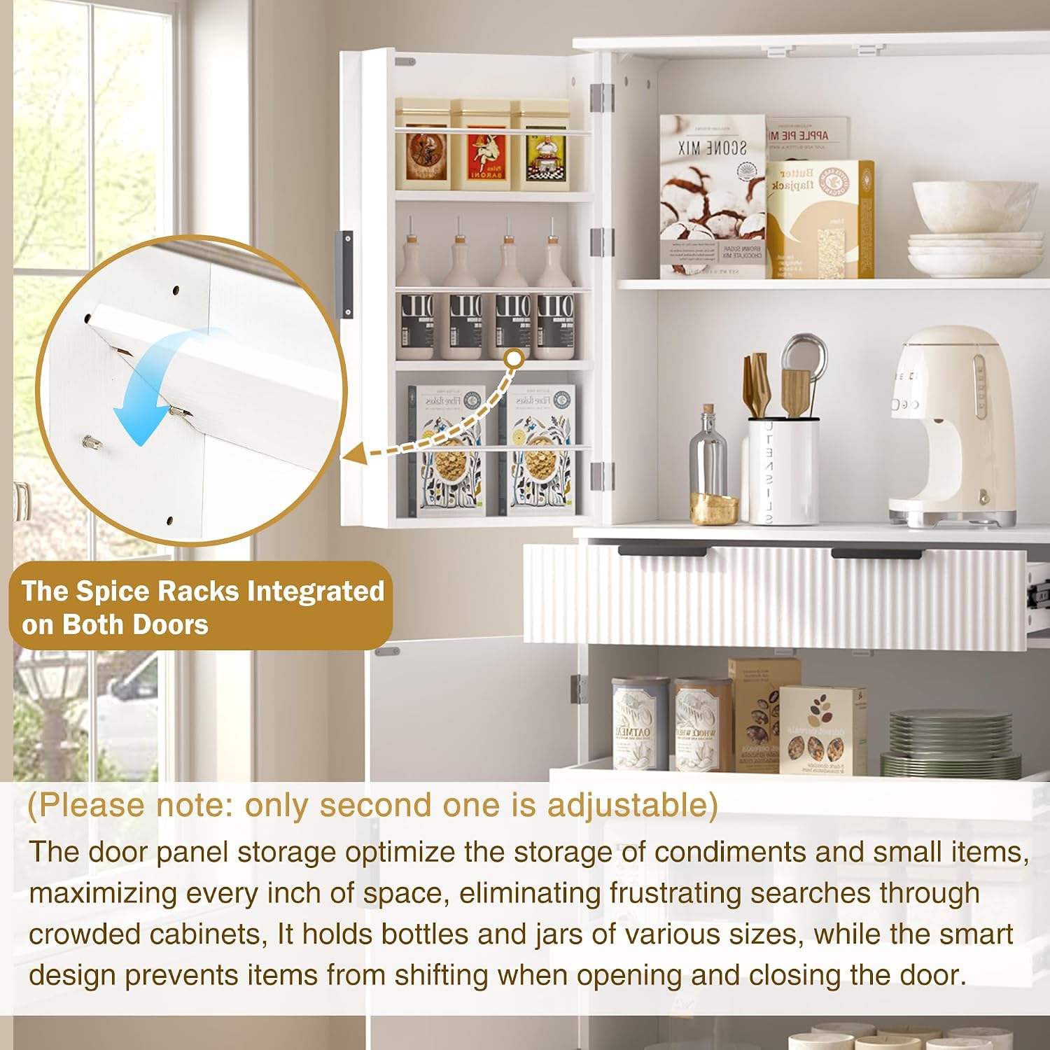 roomfitters 72" Tall Fluted Kitchen Pantry Cabinet with 4 Pull-Out Drawers & 6 Door Spice Racks, White