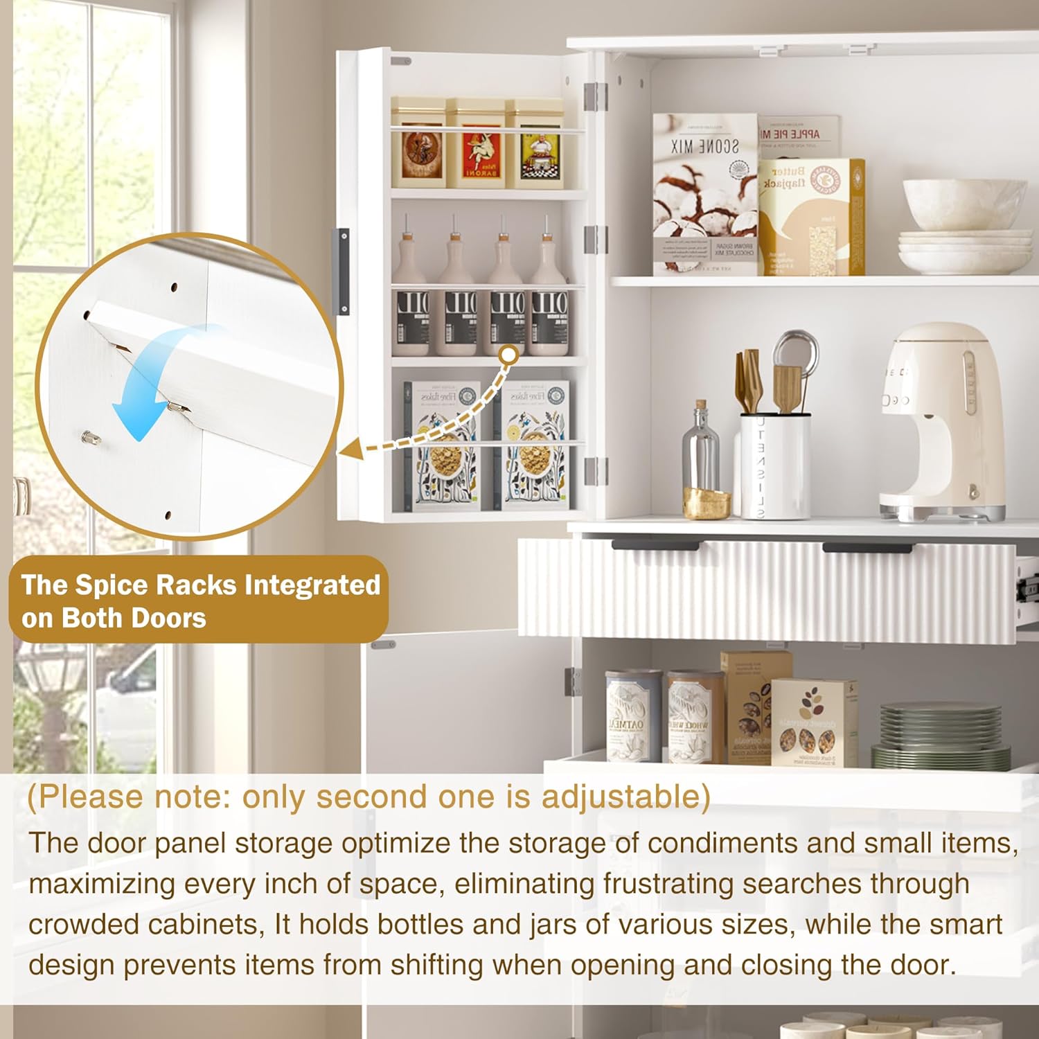 Freestanding Kitchen Pantry with Striped Dawer, 3 Ajustable Shelves, 2 Double Doors with 4 Shelves, Rectangular Storage Cabinet, Modern Minimalist, for Living Room, Dining Room, White