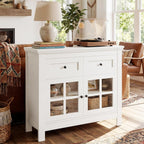 36” Buffet Cabinet Sideboard, Coffee Bar Storage Cabinet with Drawers and Display Glass Doors, Farmhouse Kitchen Credenza with Adjustable Shelves for Kitchen, Living Room, Vintage White