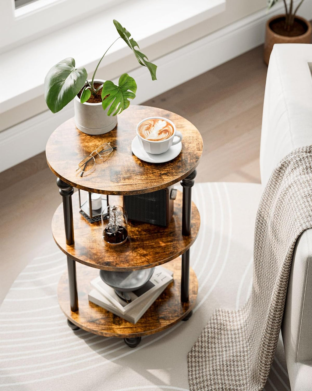 Small Round Side Table - 3 Tier Accent End Table for Narrow Spaces, Sturdy Metal Frame with Wood Finish and 44 Lbs Capacity per Shelf, Nightstand or Bedside Use for Living Room, Rustic Brown