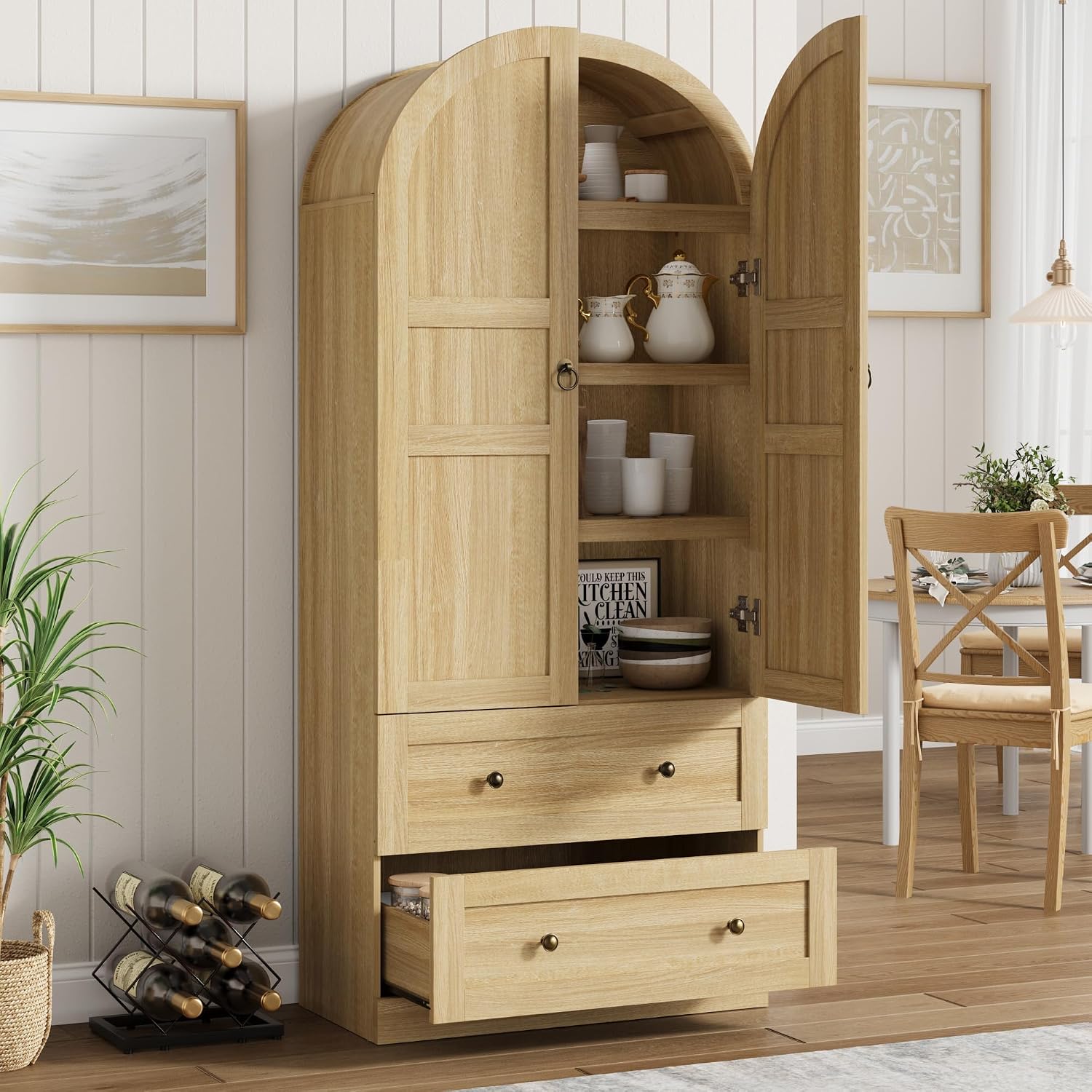 72" Arched Wooden Freestanding Kitchen Pantry Cabinet with Doors Drawers Adjustable Shelves Farmhouse Storage Cupboard for Dining Living Room