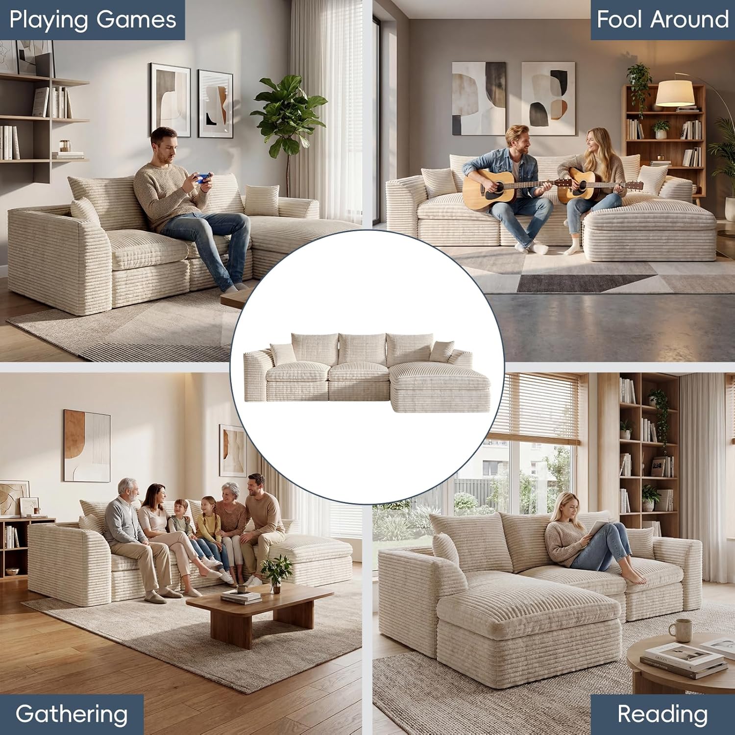106" Modular Cloud Sofa L-Shaped, Boneless Deep Seat Sectional with High-Density Foam, Washable Corduroy Fabric, No Assembly Required for Living Room Apartment, Beige