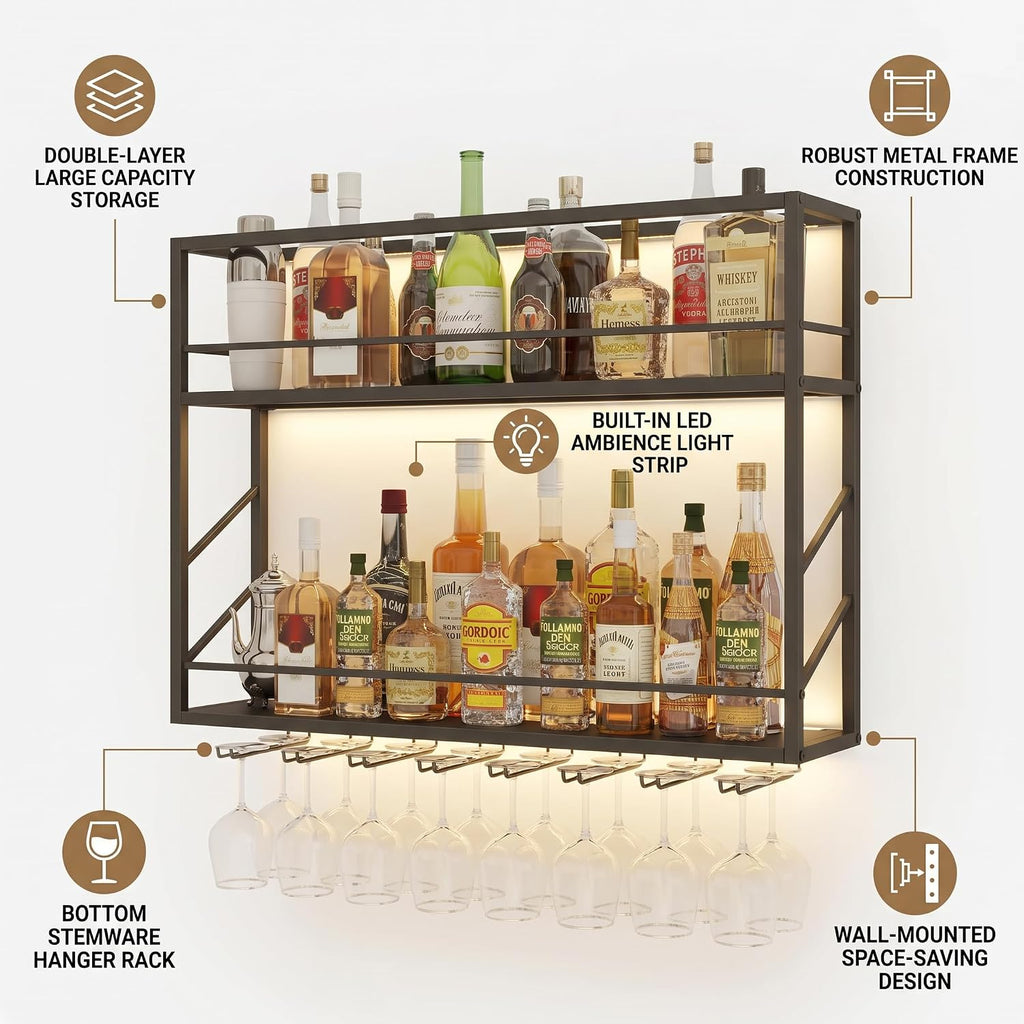 2-Tier Wall Mounted Wine Rack with LED, 31.5”W x 7.8”D x 26”H | Metal Bar Liquor Shelves and Glass Holder,Wall Bar Shelf Wine Display Storage Holder for Home Bar, Dining Room, Kitchen