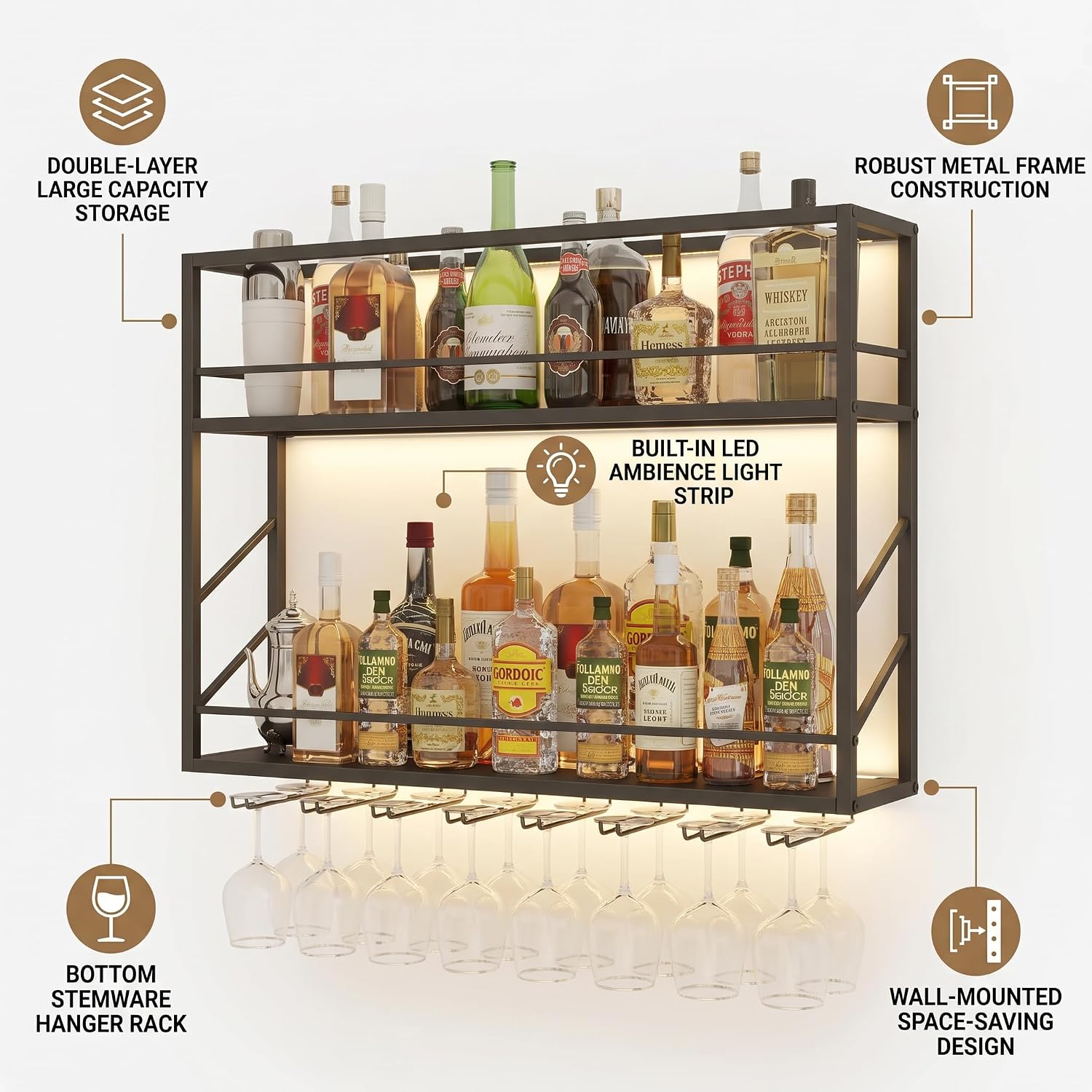 2-Tier Wall Mounted Wine Rack with LED, 31.5”W x 7.8”D x 26”H | Metal Bar Liquor Shelves and Glass Holder,Wall Bar Shelf Wine Display Storage Holder for Home Bar, Dining Room, Kitchen