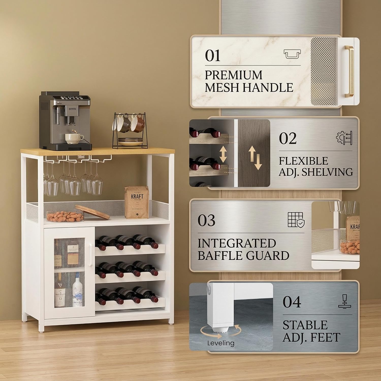 Wine Bar Cabinet, 3-Tier Removable wine rack cabinet glass holder, Mesh door adjustable shelf display cabinet bar, Waterproof metal frame buffet cabinet with storage coffee station bar cabinet, White