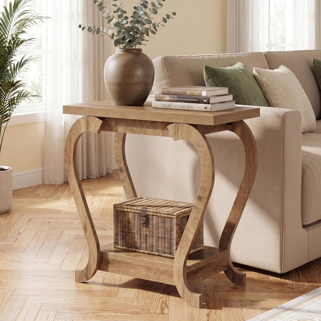 Tribesigns Narrow End Table with Storage, 2-Tier Wooden Side Table for Small Spaces, Slim Nightstand Bedside Table for Living Room & Bedroom, Rustic Brown, 23.6 Inch (1, Brown)