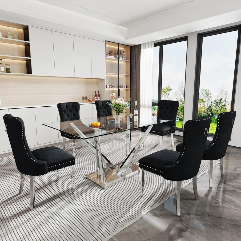 Rectangle Glass Dining Table for 4-6, 62" with Tempered Glass Table Top and Crossed Stainless Steel Base, Modern Kitchen Table for Home, Kitchen, Dining Room, Silver