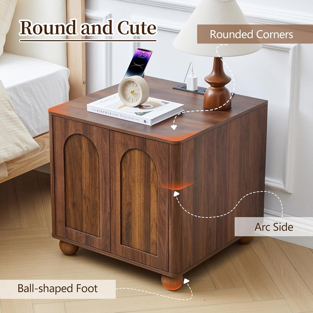Bed Side Table with Charging Station, Mid Century Modern Nightstand with 2 Doors, Square End Table with Storage for Couch, Living Room, Small Spaces, Sofa Side Table for Office, Dorm, Walnut