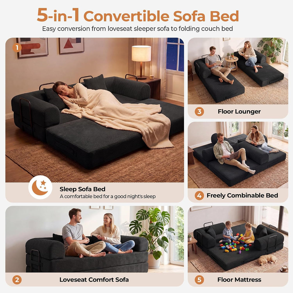 79'' Convertible Sofa Bed, 5-in-1 Folding Boneless Couch, Pull Out Floor Sleeper, Modular Lounge Sofa for Living Room Bedroom, Multi-Function Foldable Sofa (Black)
