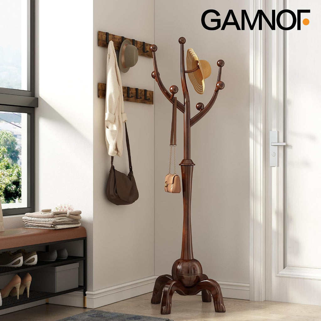 Wood Freestanding Coat Rack 8 Hooks Coat Tree Standing,Dark Walnut | Wooden Creative Clothes Hanger with Sturdy Sphere Base and Tree Branch Hooks 160lb Load Capacity for Entryway Hallway Bedroom