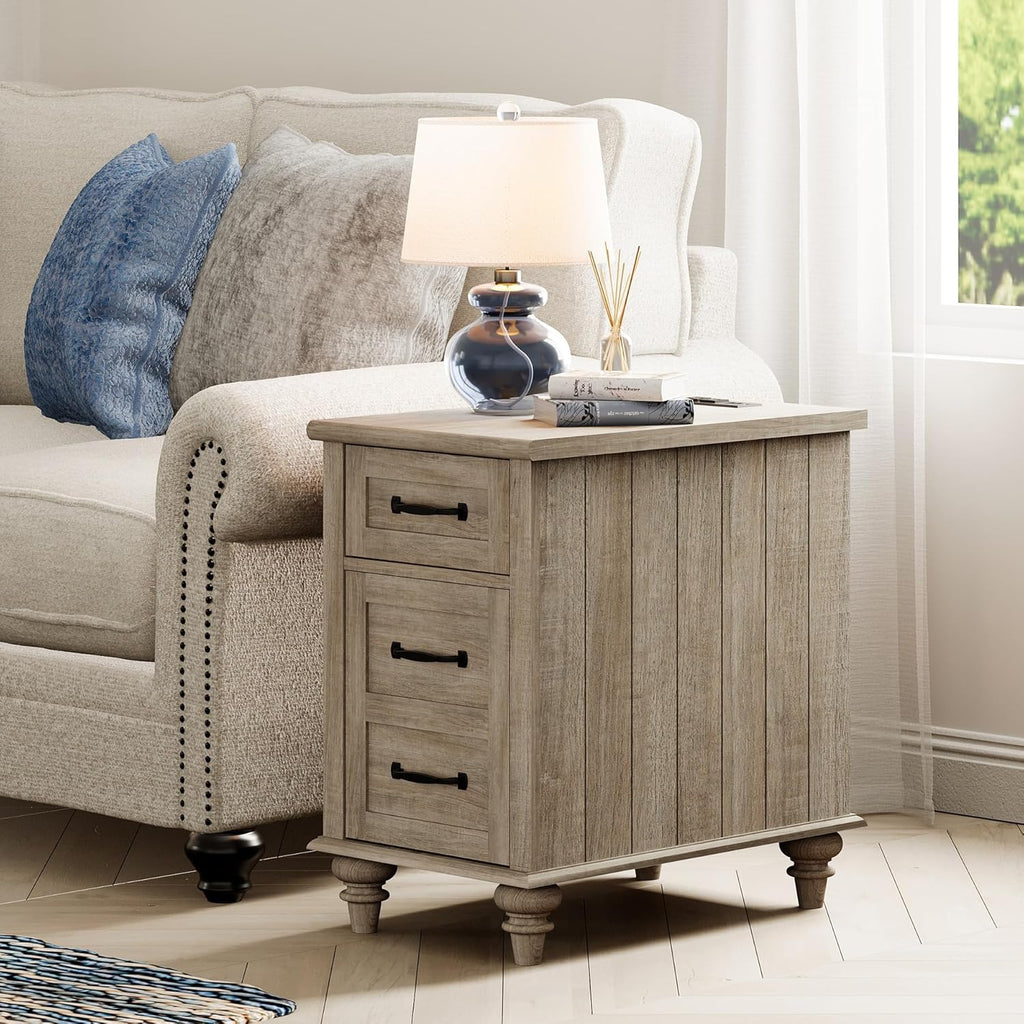 WAMPAT 2 Pack End Tables with Charging Station, Farmhouse Side Table with Drawer & Storage Cabinet, Gray Nightstands with Power Outlets & USB Ports for Living Room, Bedroom