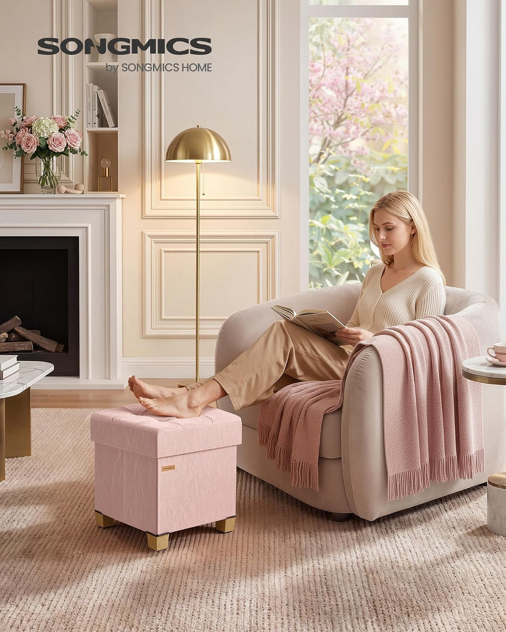 SONGMICS Storage Ottoman, Textured PU Leather Footstool with Legs, Footrest with Cushion, for Living Room and Bedroom, 15 x 15 x 15.7 Inches, Pink, Minota Collection ULSF523WD01