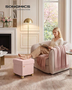 SONGMICS Storage Ottoman, Textured PU Leather Footstool with Legs, Footrest with Cushion, for Living Room and Bedroom, 15 x 15 x 15.7 Inches, Pink, Minota Collection ULSF523WD01