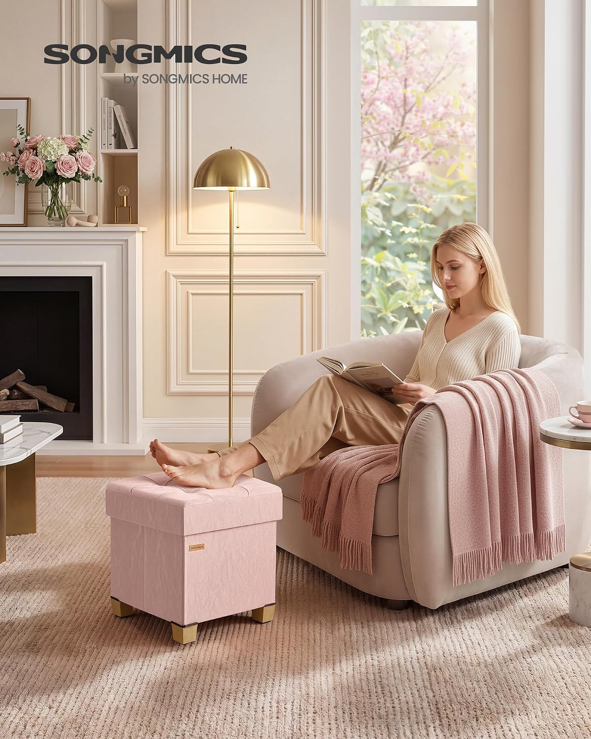 SONGMICS Storage Ottoman, Textured PU Leather Footstool with Legs, Footrest with Cushion, for Living Room and Bedroom, 15 x 15 x 15.7 Inches, Pink, Minota Collection ULSF523WD01