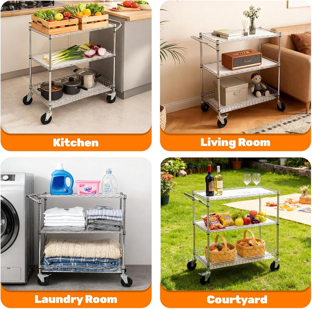 3-Tier Rolling Cart, Utility Metal Wire Cart, 30" D x 18" W x 35" H | 4'' Locking Wheels, Adjustable Shelves, 661 LBS Capacity, Complying with NSF, Heavy Duty, For Home Kitchen Garage Office