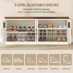 Hzuaneri 2 Tier Shoe Storage Bench with Doors, 47.2" Farmhouse Shoe Bench with Padded Cushion, 12 Pairs of Bed End Bench, Entryway Bench with Storage for Bedroom, Living Room, Rustic White SB61214KA