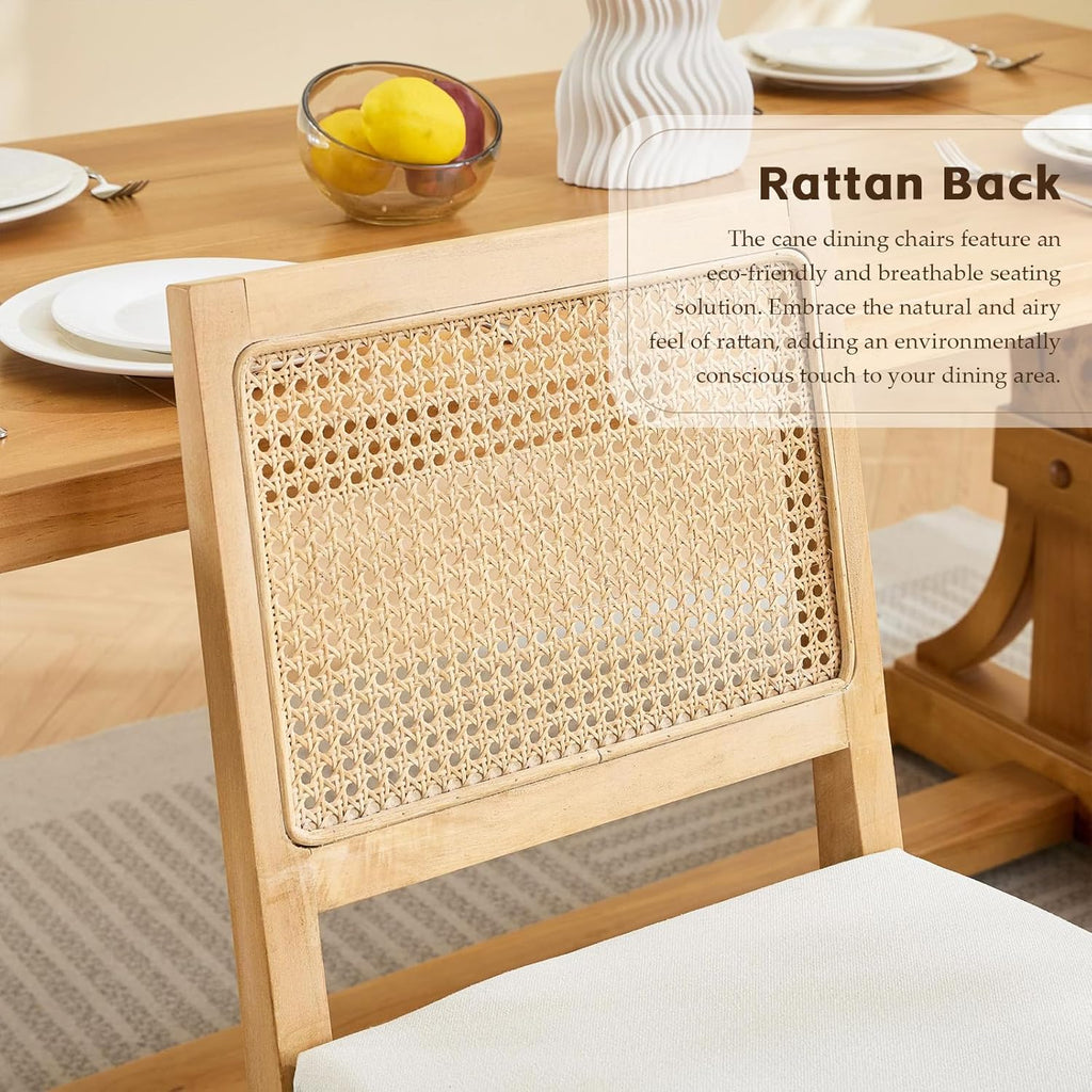 Rattan Dining Chairs Set of 2, French Country Cane Back Upholstered Kitchen Chairs, Solid Wood Farmhouse Side Chairs, Beige