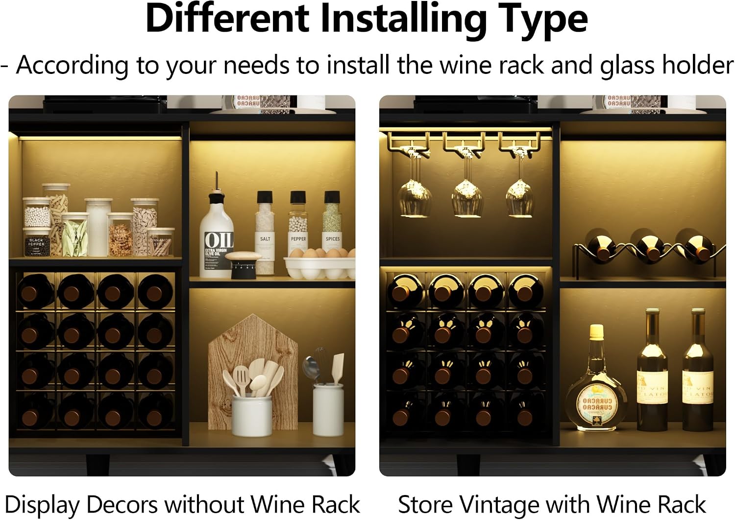 Loomie Wine Bar Cabinet with LED Light, Home Coffee Cabinet with Wine Rack and Glass Holder, Kitchen Buffet Sideboard W Storage Shelf, Freestanding Liquor Cabinet for Living Room, Dining Room (Black)