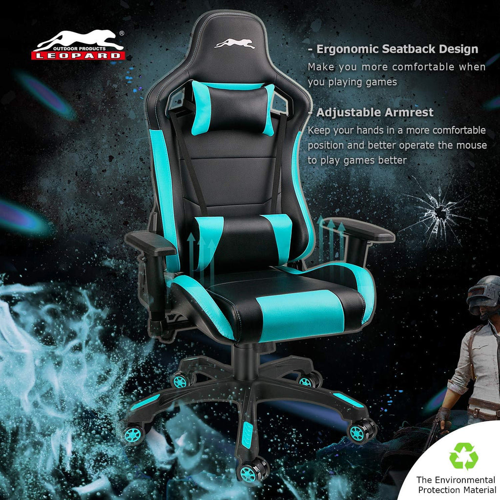 Leopard Gaming Chair, High Back PU Leather Office Chair, Adjustable Video Gaming Chairs, Swivel Racing Chair with Adjustable Armrest (Black/Light Blue)