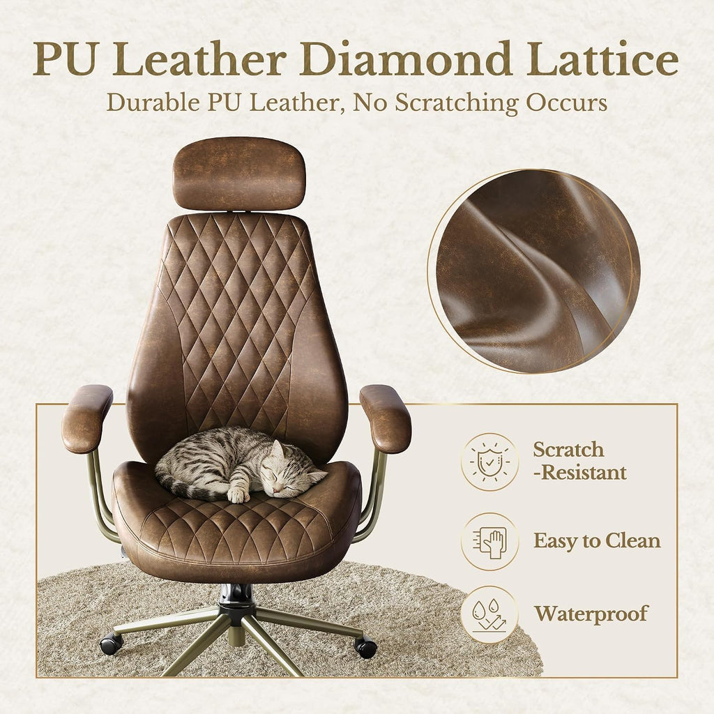 High Back Office Chair with Lumbar Support - Ergonomic Executive Desk Chair, Adjustable Swivel Computer Chair in Premium Faux Leather for Home Office Comfort, Brown