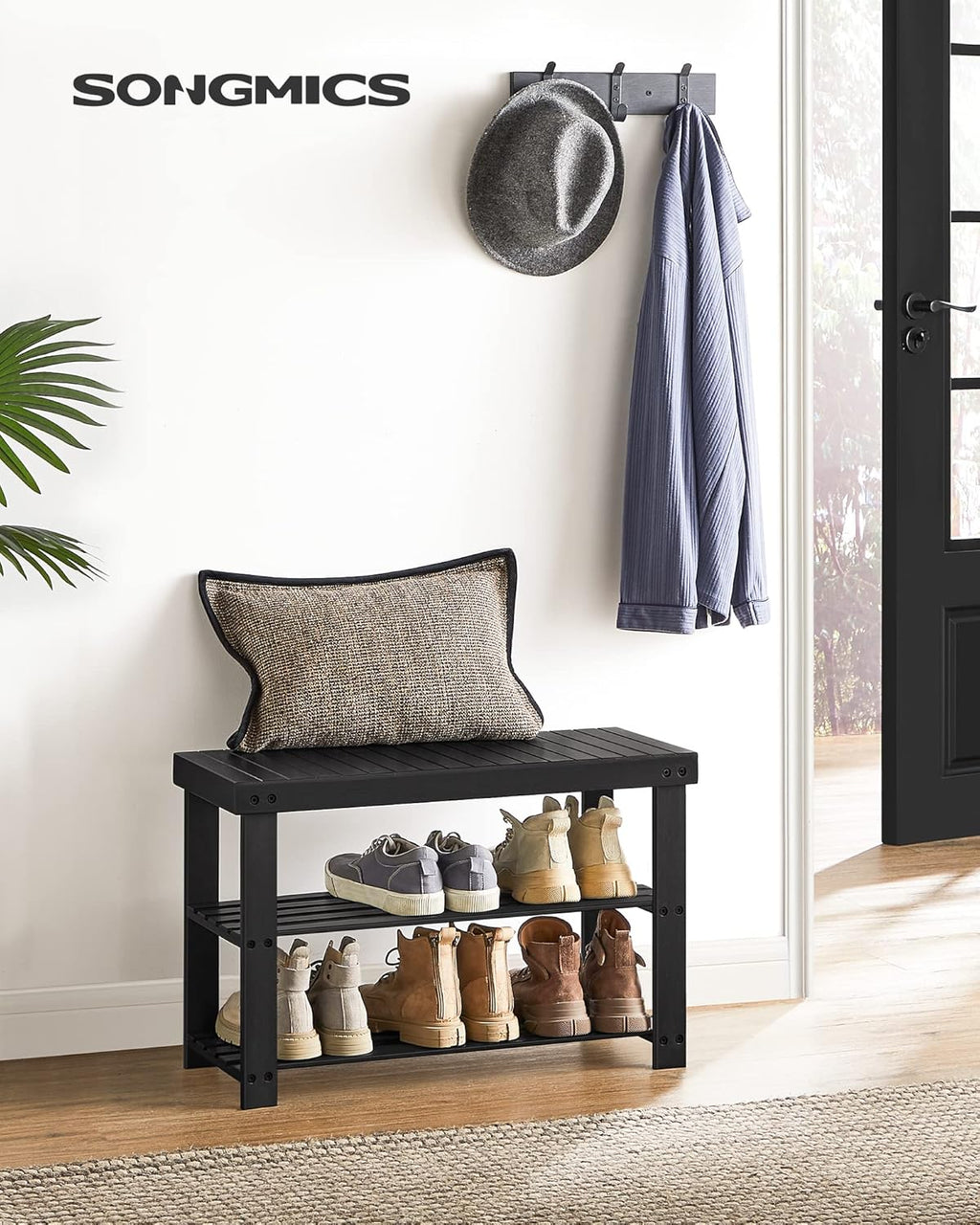 SONGMICS Shoe Rack Bench, 3-Tier Bamboo Shoe Storage Organizer, Entryway Bench, Holds Up to 286 lb, 11.3 x 27.6 x 17.8 Inches, for Entryway Bathroom Bedroom, Ink Black ULBS04H