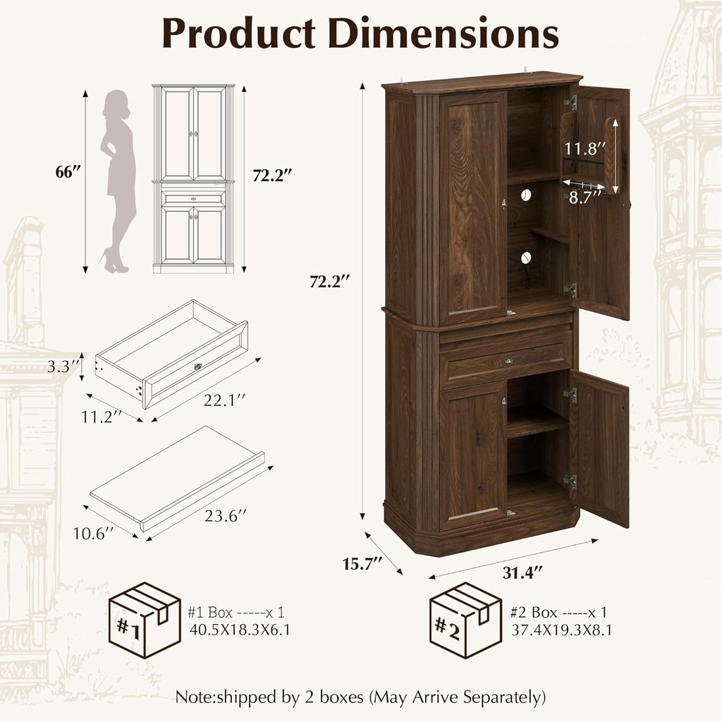 72.2" Tall Kitchen Pantry Cabinet with Doors, Farmhouse Storage Cabinet with Charging Station & LED Light, Drawer, Adjustable Shelves and Pull-Out Shelves, Walnut Wood Pantry Cupboard for Dining Room