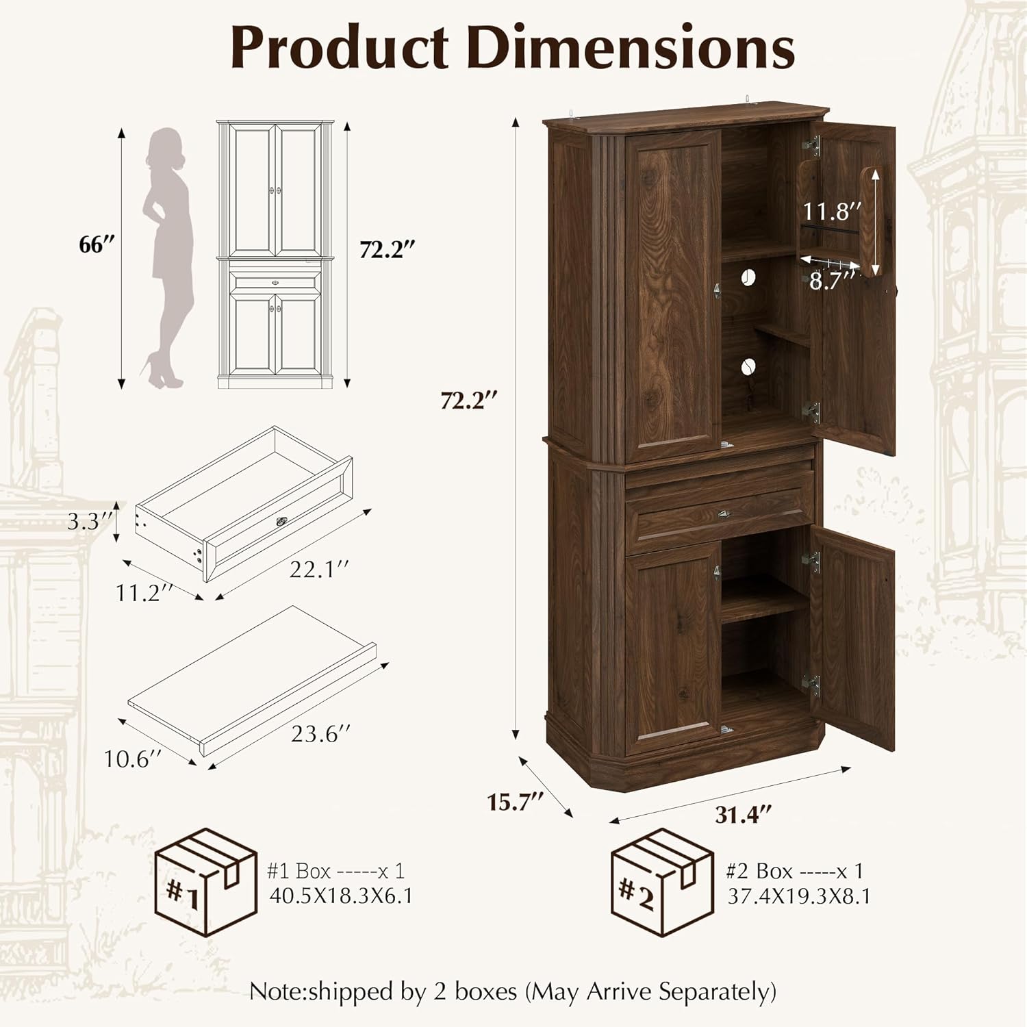 72.2" Tall Kitchen Pantry Cabinet with Doors, Farmhouse Storage Cabinet with Charging Station & LED Light, Drawer, Adjustable Shelves and Pull-Out Shelves, Walnut Wood Pantry Cupboard for Dining Room