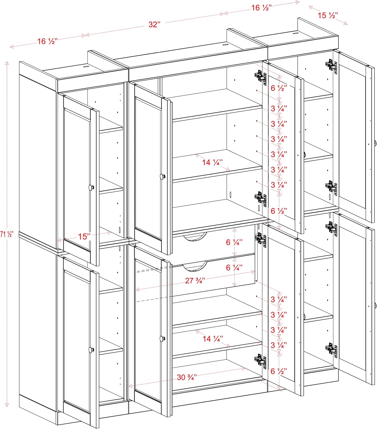Palace Imports Solid Wood Pantry Cabinet – 71.5" Tall x 65" W - Wooden Storage Cabinet - 8 Shaker Doors, 2 Drawers, 12 Adjustable Shelves - Kitchen Cupboard - Antique Blue, 100% Eco-Friendly Pine Wood