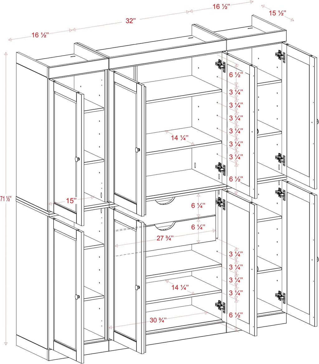 Palace Imports Solid Wood Pantry Cabinet – 71.5" Tall x 65" W - Wooden Storage Cabinet w/ 8 Shaker Doors, 2 Drawers, 12 Adjustable Shelves - Kitchen Cupboard - Navy Blue, 100% Eco-Friendly Pine Wood