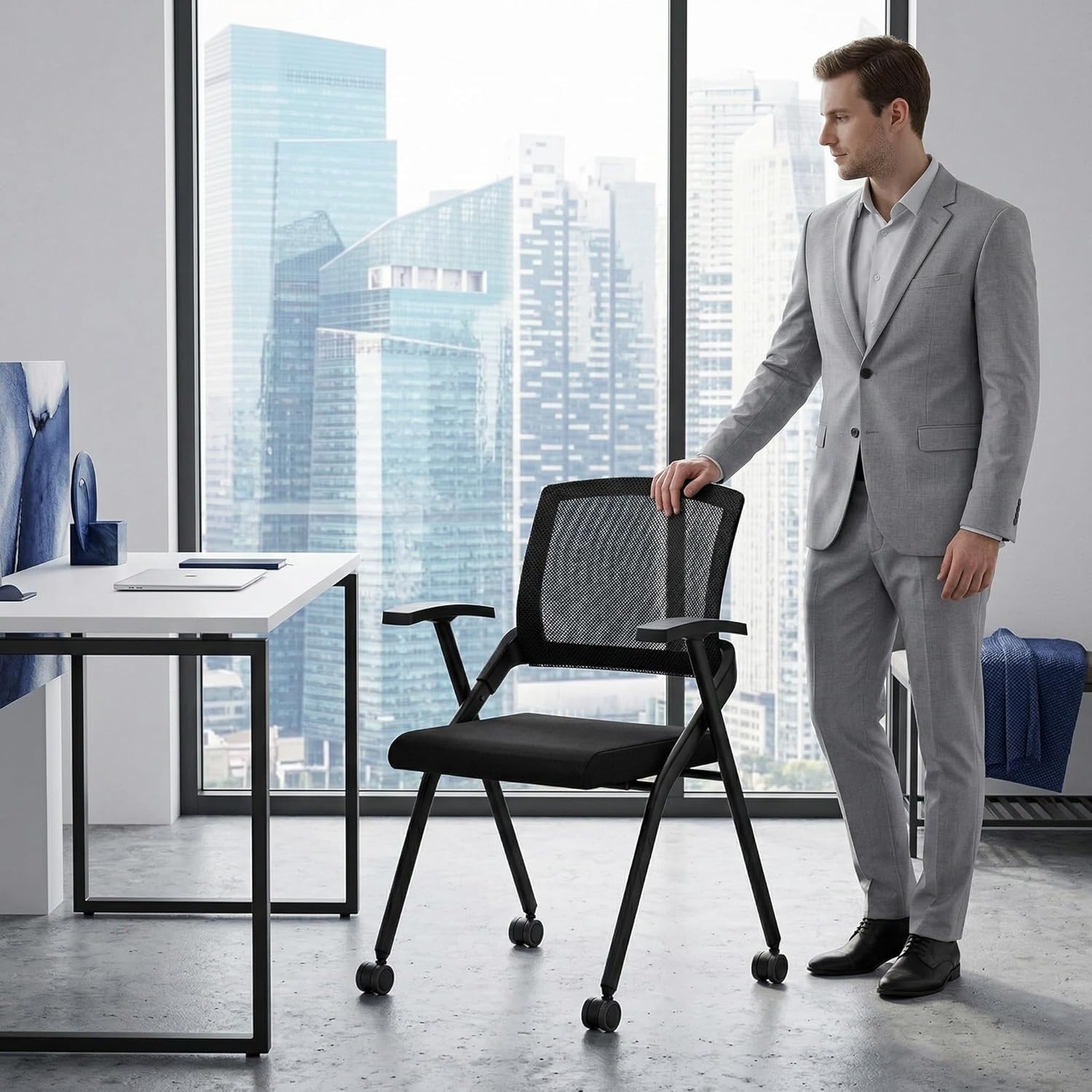 Folding Office Chair with Wheels – Mesh Back Conference Room Chair, Space-Saving Stackable & Foldable Chair for Guest, Reception Meeting, Classroom Training Seminar (with Wheel, 6pack)