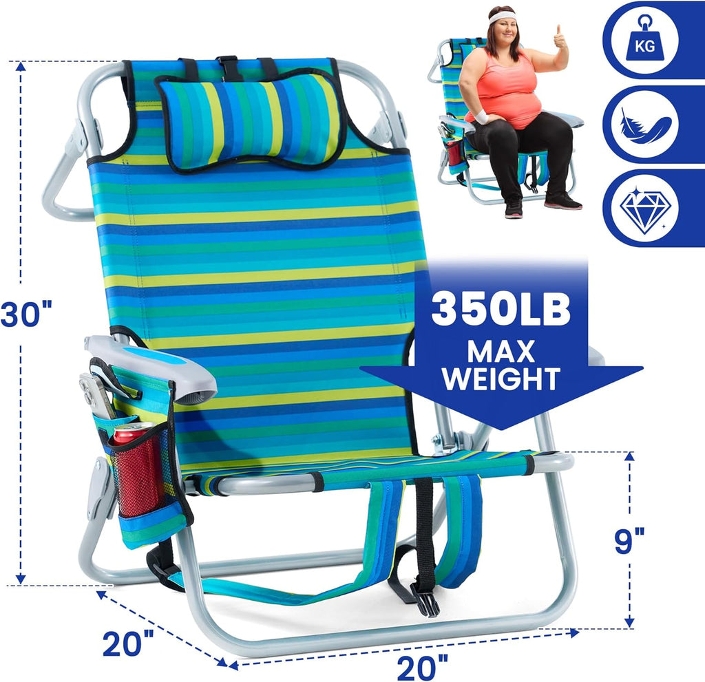 Portable Recliners Chair for Adults, Outdoor Camping Chair Lay Flat Folding Backpack Reclining Chair with 5 Positions, Headrest, Zipper Pouch, Cup Holder, NEW Srtiped