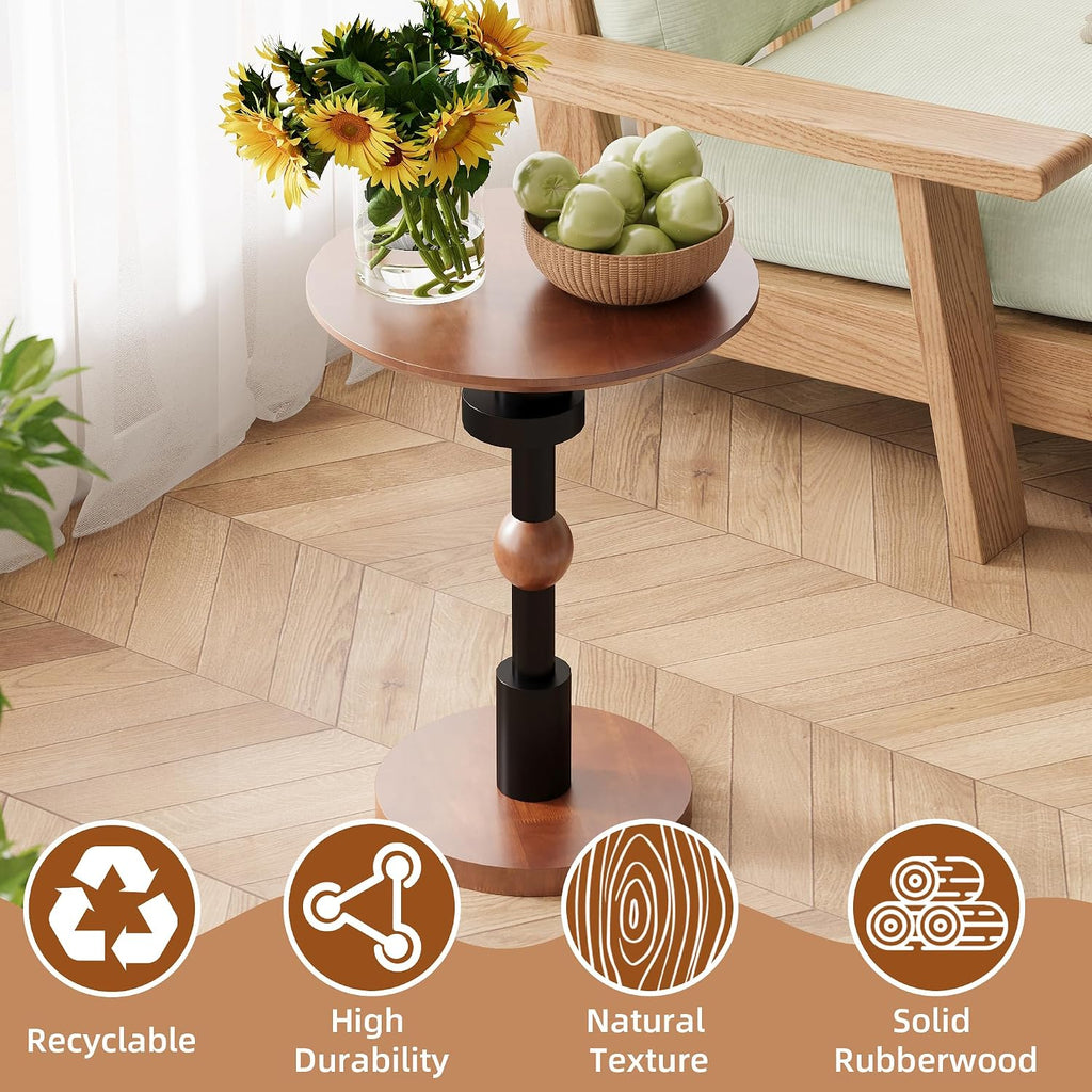 Round End Table, 100% Solid Wood Mid Century Modern Pedestal Side Table, Small Accent Table for Living Room,Bedroom,Balcony, Walnut Finish