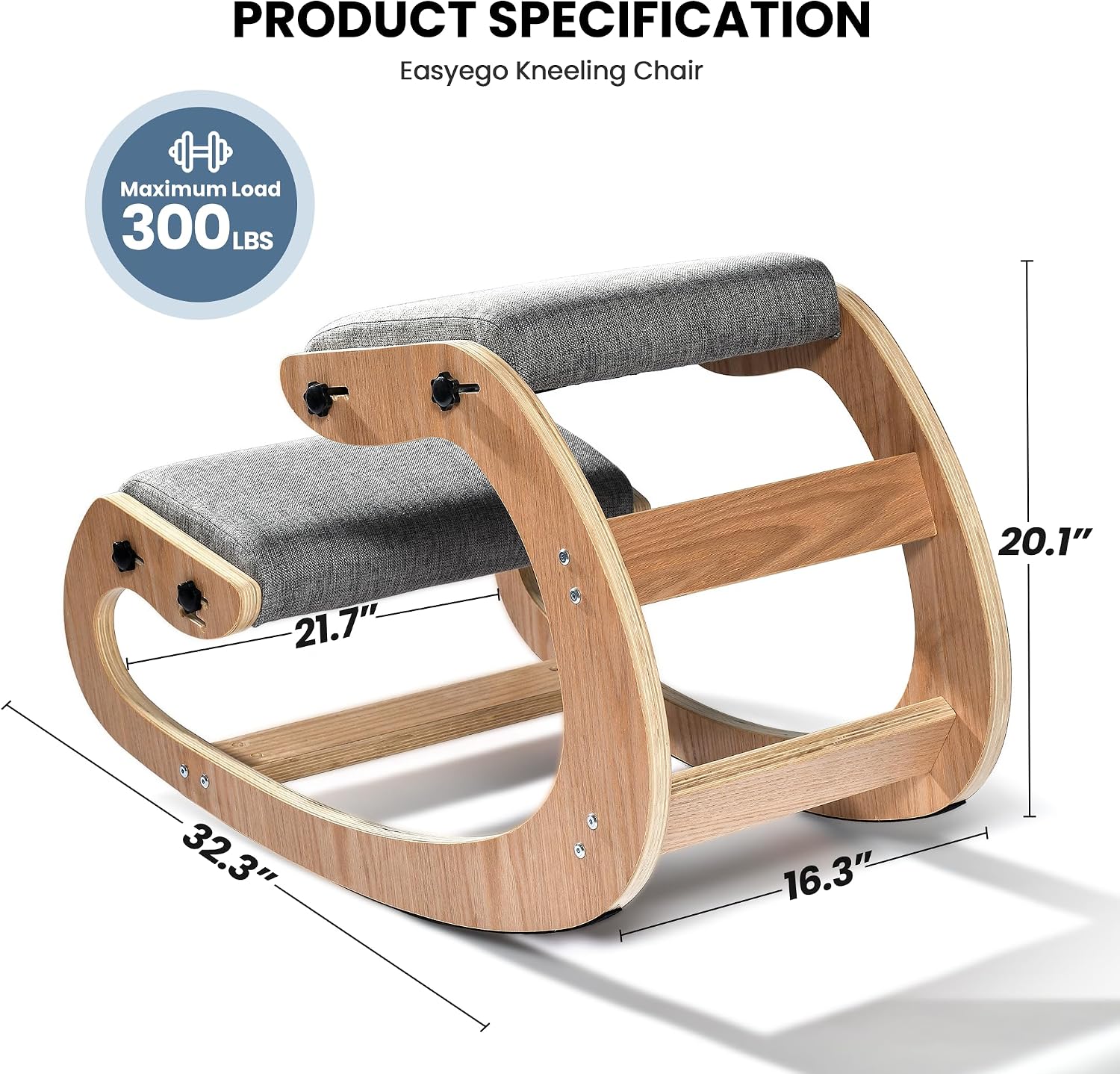 Easyego Kneeling Chair Ergonomic Posture Chair, Wood Adjustable Rocking Knee with Soft Padding, Natural Relief for Neck or Back Pain for Home Office, Max Load 300 lb - Gray