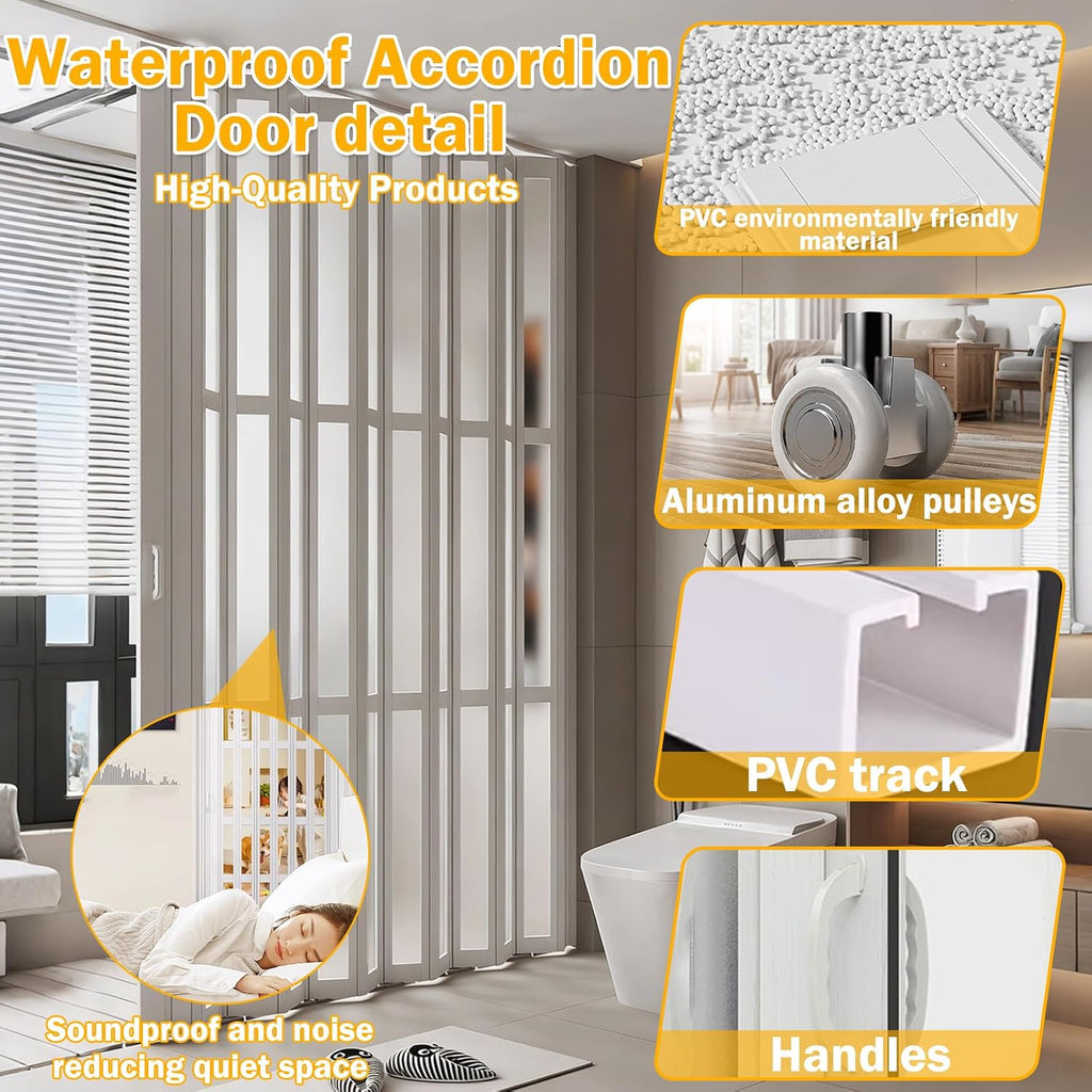 Customizable Styles & Size PVC Foldable Doors, Tall Accordion Door with Handles & Acrylic Glass, Room Divider Sliding Double Door for Storeroom Kitchen Office Living Room, 47" Wx95 H