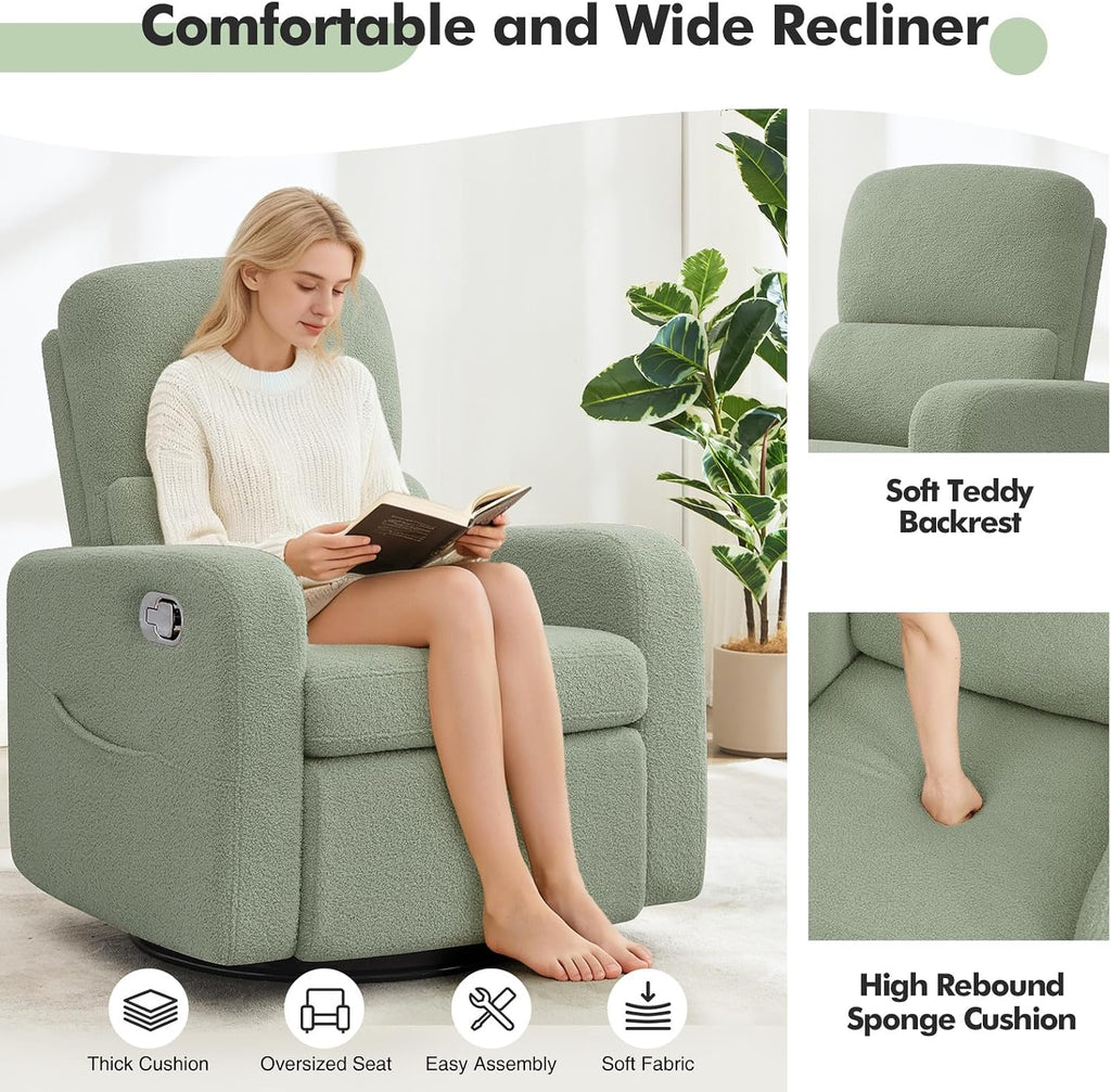 Swivel Rocker Recliner, Oversized Manual Boucle Nursery Glider Rocking Recliner Chair with Removable Cushion, Upholstered Teddy Swivel Reclining Chair for Nursery Living Room Bedroom, Green