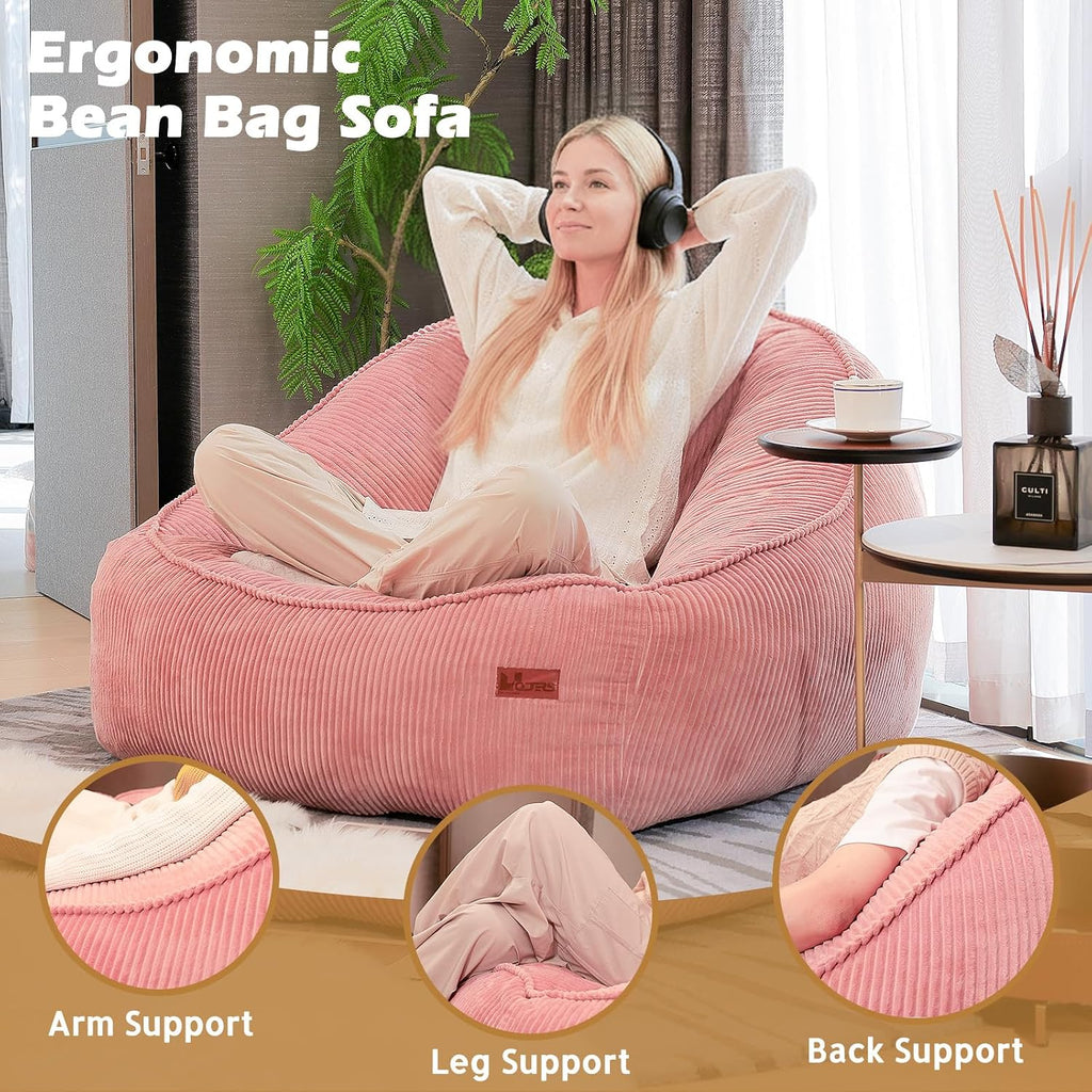 Giant Bean Bag Chair for Adults Teens and Kids, Cozy Fluffy Corduroy Beanbag Chair with Filler Large Floor Lounge Sofa for Living Room, Bedroom(L-Rose)