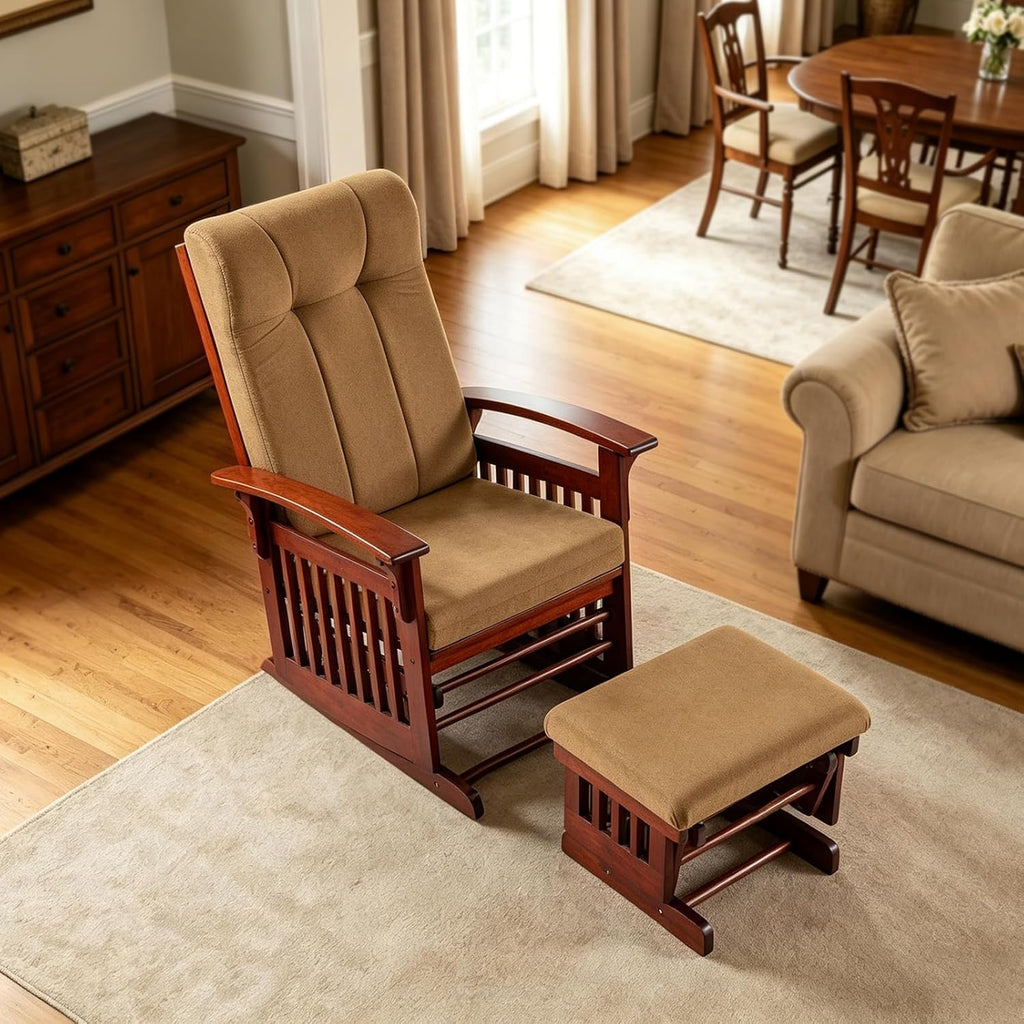 Rustic Glider Chair for Nursery with Ottoman, Resistant Rubber Wood Nursery Glider and Ottoman Sets for Relaxing, Rocking Chair for Living Room Bedroom (Brown)